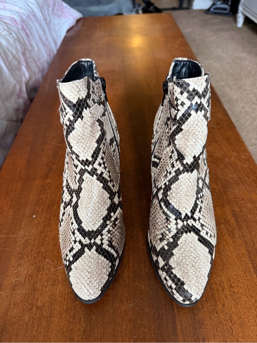 Snake-Print Pointed Ankle Booties in Beige and Black